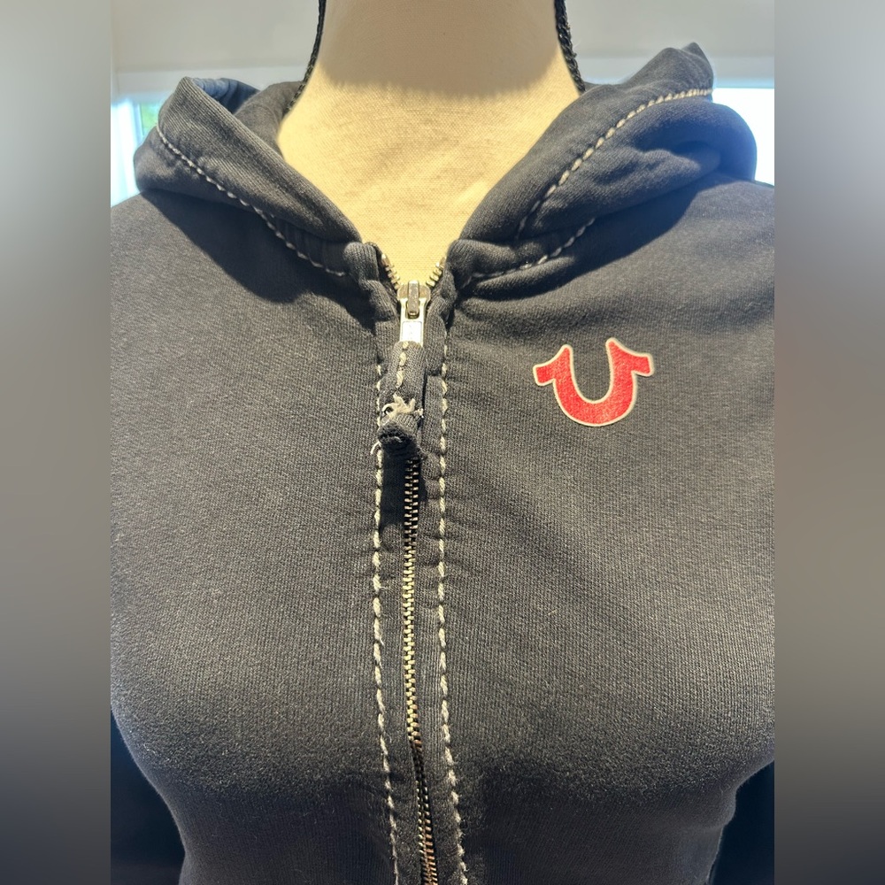True Religion Y2K Big T Red Stitch Logo Zip Hoodie (Kids Medium OR Women’s XS) - Picture 2 of 7